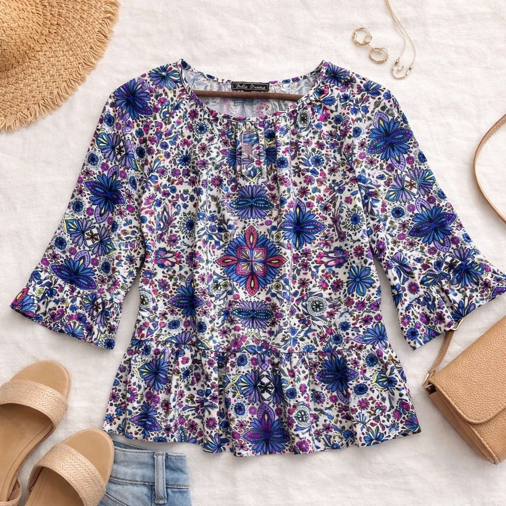 ✨ Bella Donna Boho Floral Peplum Blouse | 3/4 Sleeve | Size Small NWOT